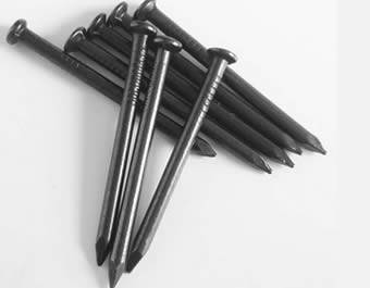 Eight black concrete nails have groove shanks and flat heads